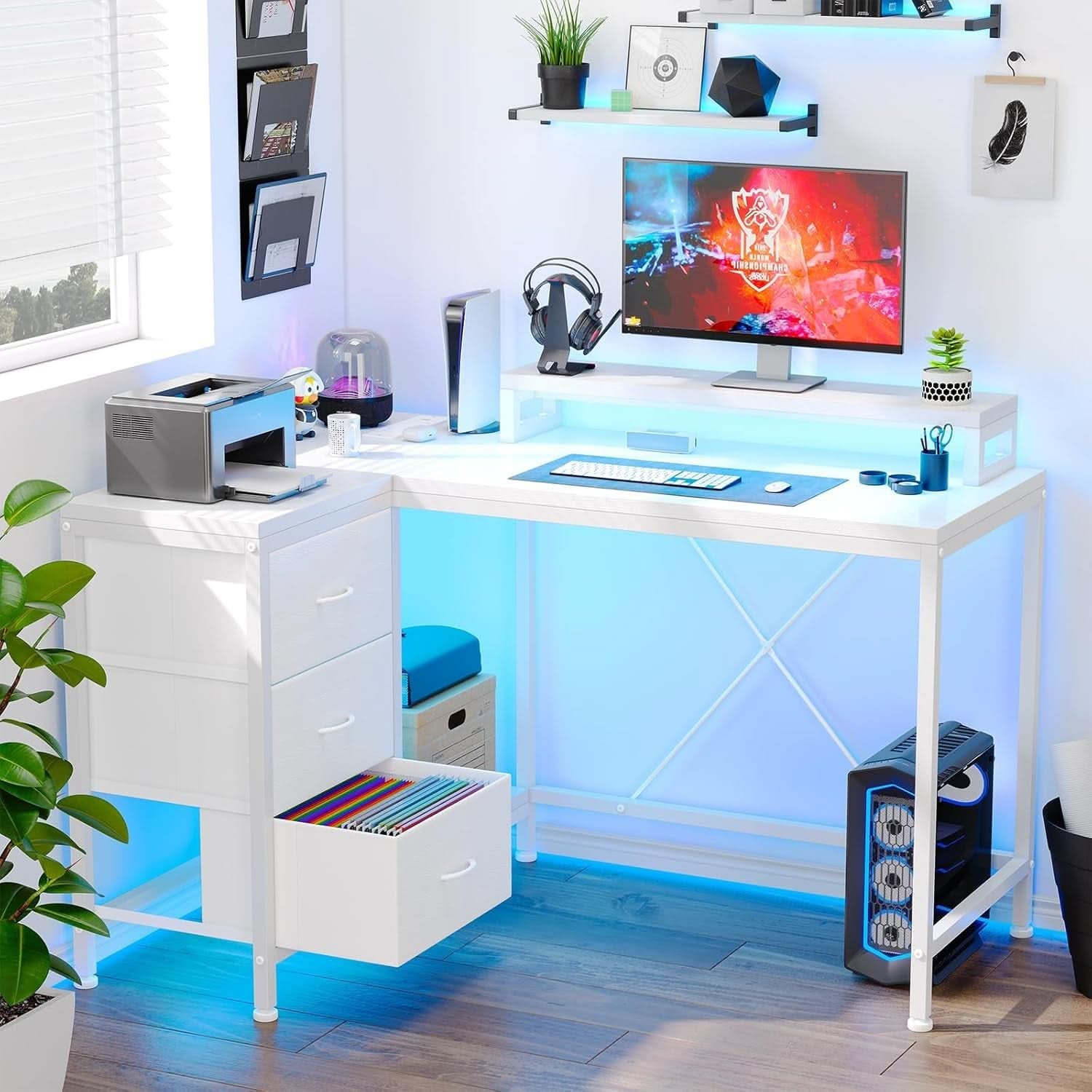 Reversible L Shaped Desk with LED Lights and Power Outlet