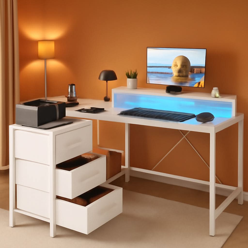 Reversible L Shaped Desk with LED Lights and Power Outlet