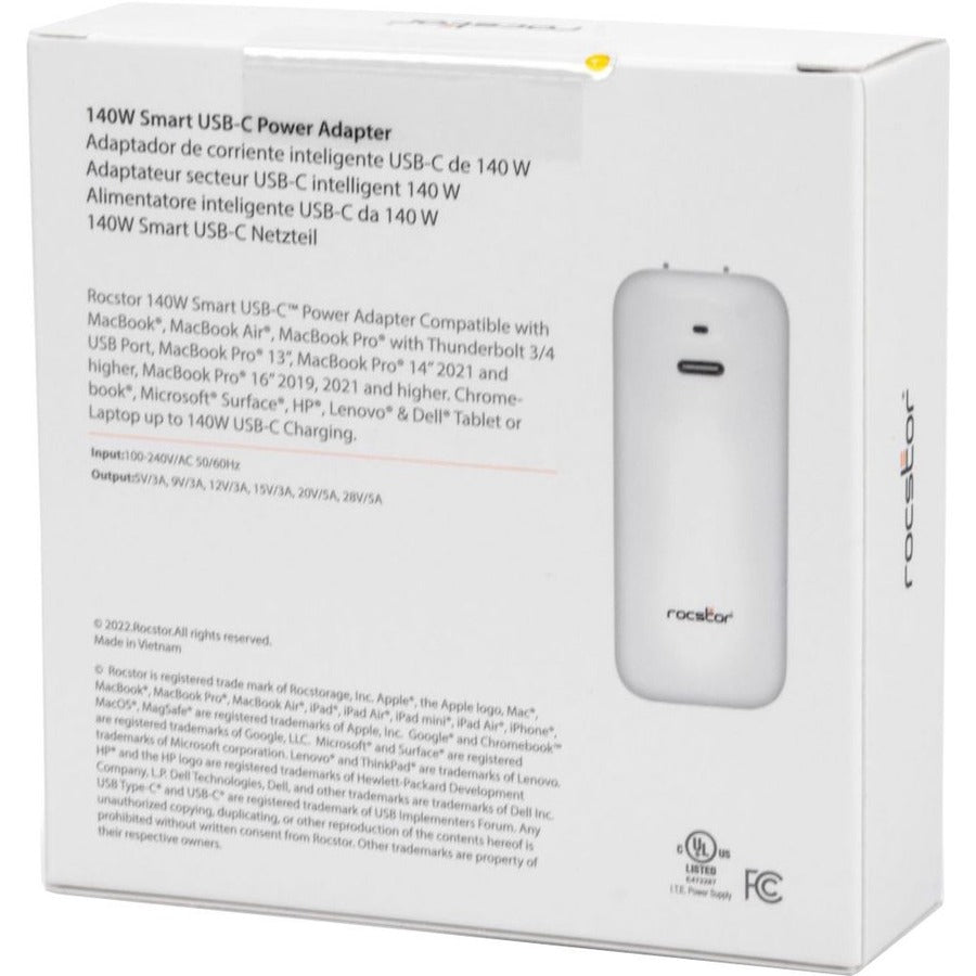 Rocstor 140W Smart USB-C™ Power Adapter AC Charger. Compatible with Apple® MacBook®, MacBook Air®, MacBook Pro® with Thunderbolt 3/4 (87W & 96W), MacBook Pro® 13 (61 & 67W) Y10A271-W1