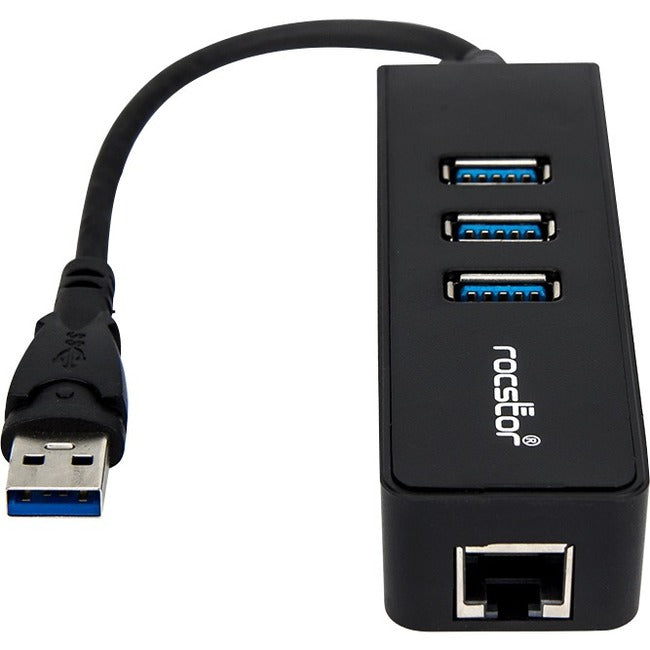 Rocstor Premium 3 Port Portable Usb 3.0 Hub With Gigabit Ethernet 10/100/1000- External Portable 3 Port Usb Hub With Gbe Adapter - Built-In Cable - Usb - 3 Usb Port(S) - 1 Network (Rj-45) Port(S) - Black - Pc, Mac Usb 3 Hub & Network Adapter