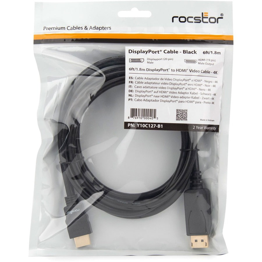 Rocstor Premium DisplayPort to HDMI Converter Cable - 6 ft - 4K - 1 Pack Y10C127-B1