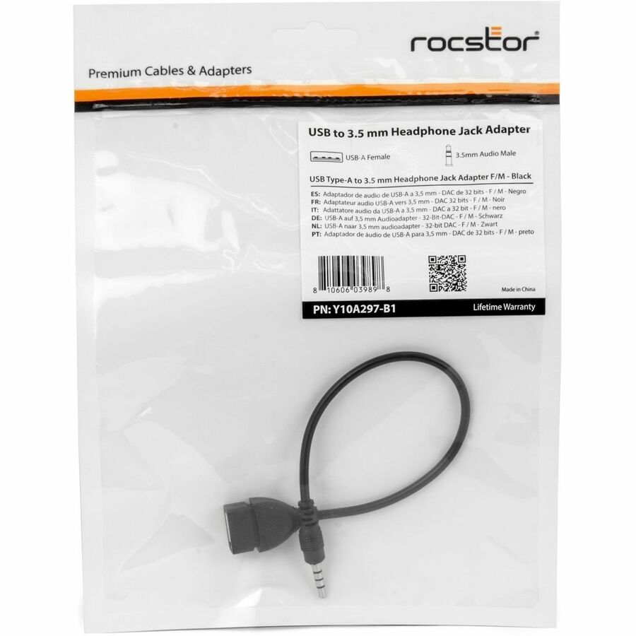 Rocstor USB-A (Female) To 3.5mm Audio Headphone Jack (Male) Adapter - 1 x USB 2.0 Type A