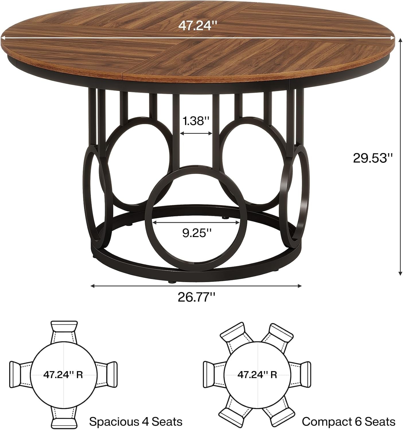 Round Dining Table 47 Walnut With Metal Base Seats 4 To 6