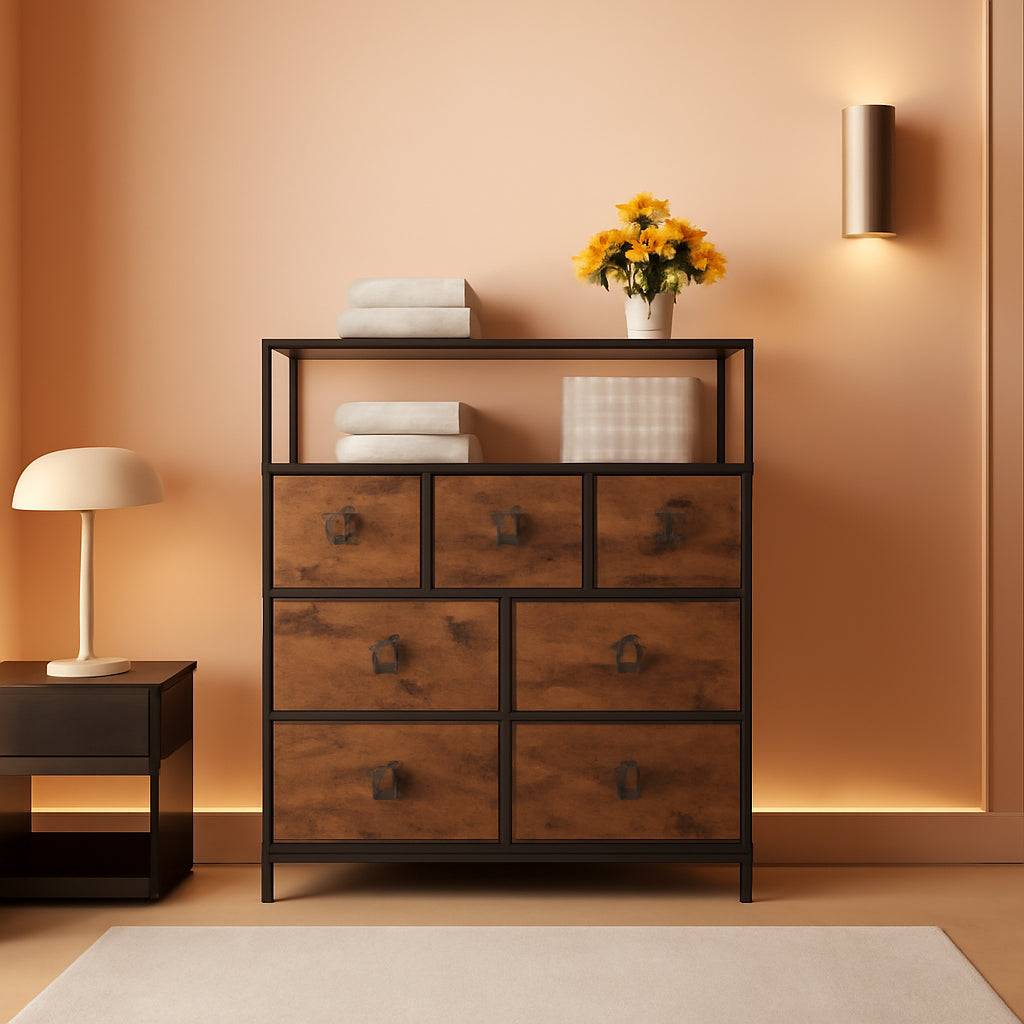 Rustic Brown 7 Drawer Dresser With Open Shelves For Bedroom Storage