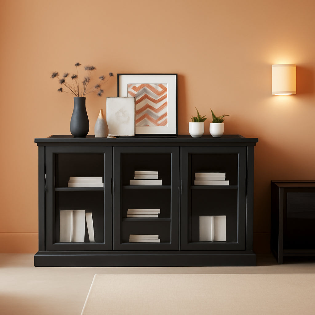 Rustic Gray Wood Sideboard With Glass Doors For Living Room