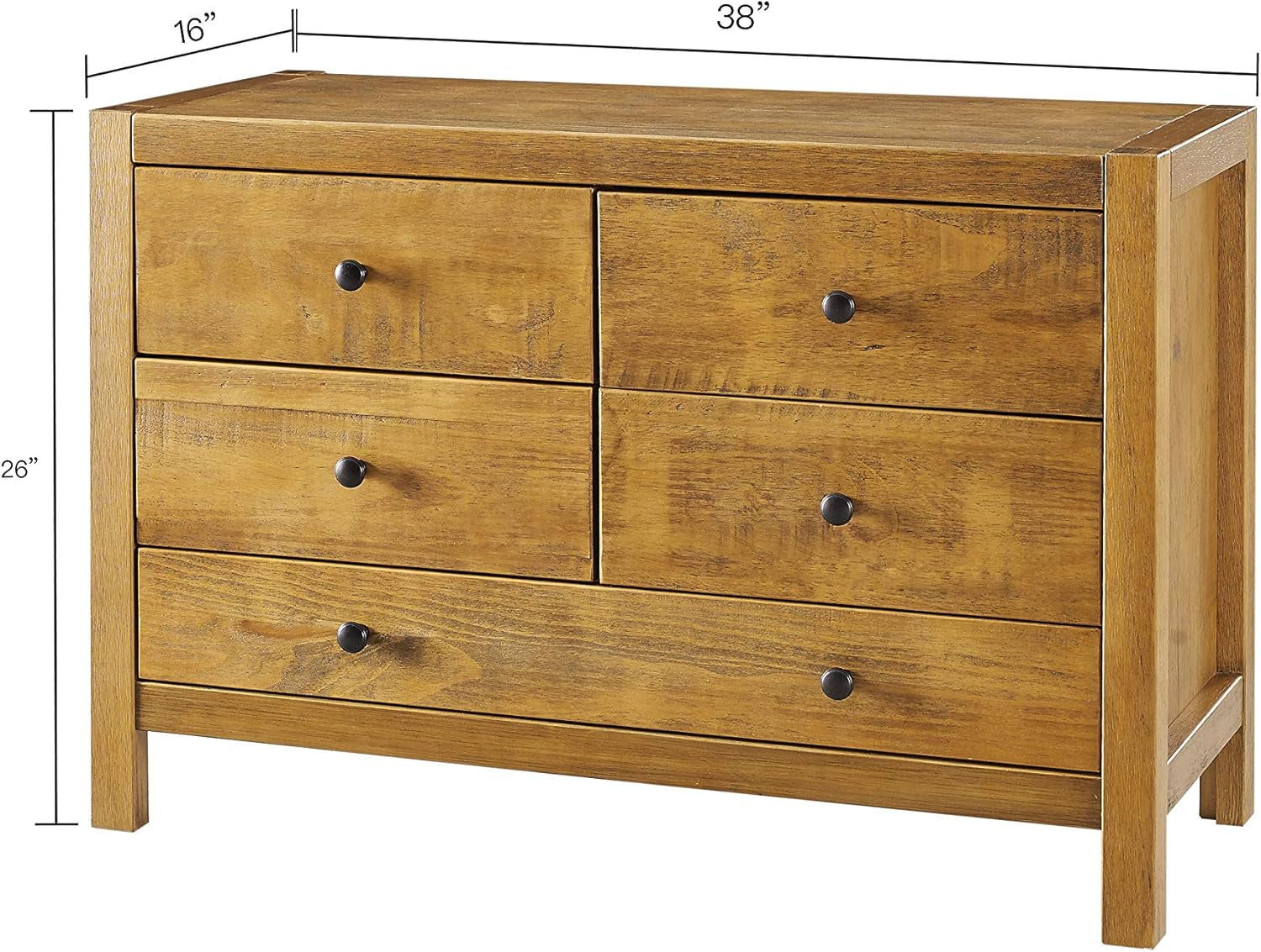 Rustic Oak Finish Five Drawer Dresser With Round Knobs