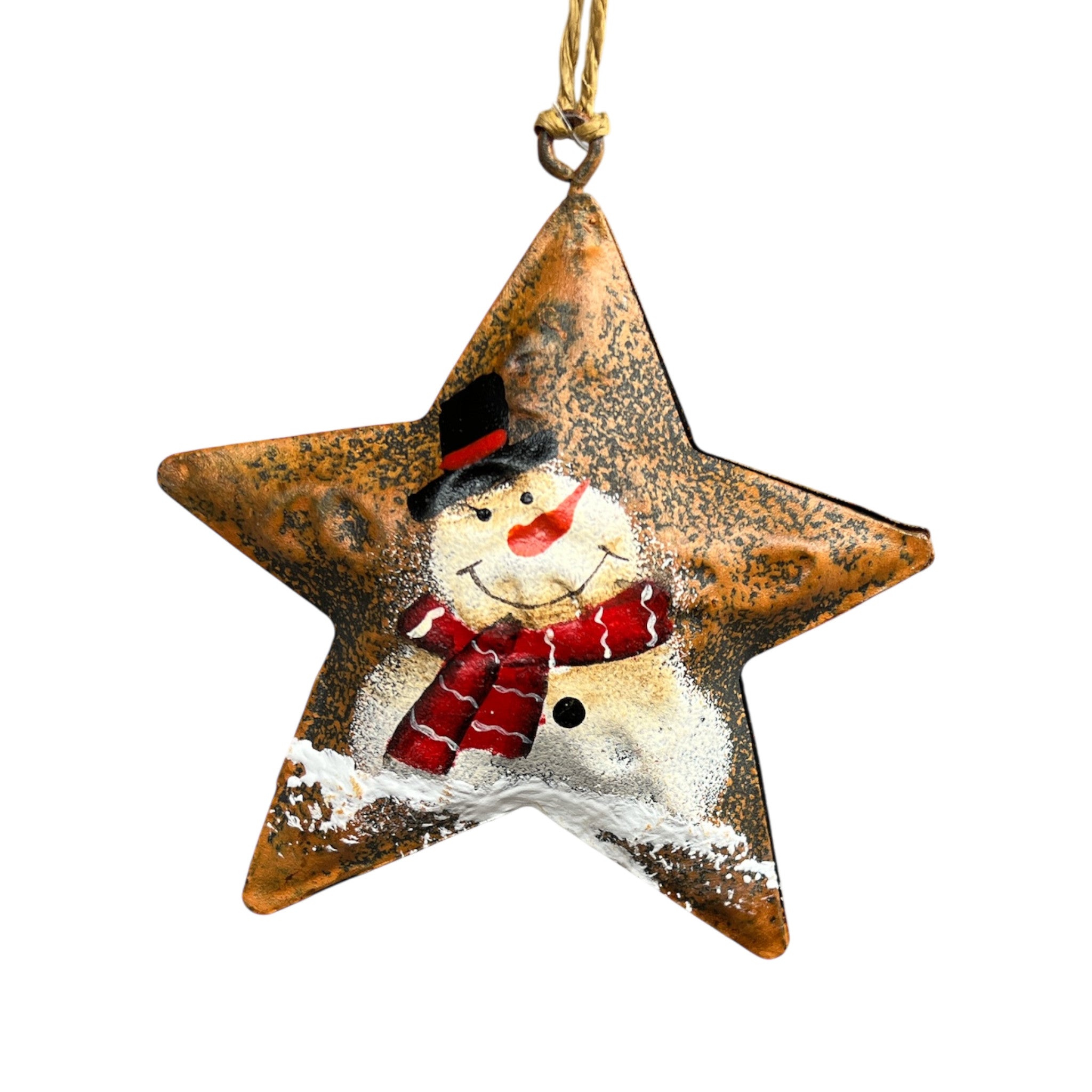 Rustic Snowman With Black Hat On Star Ornament