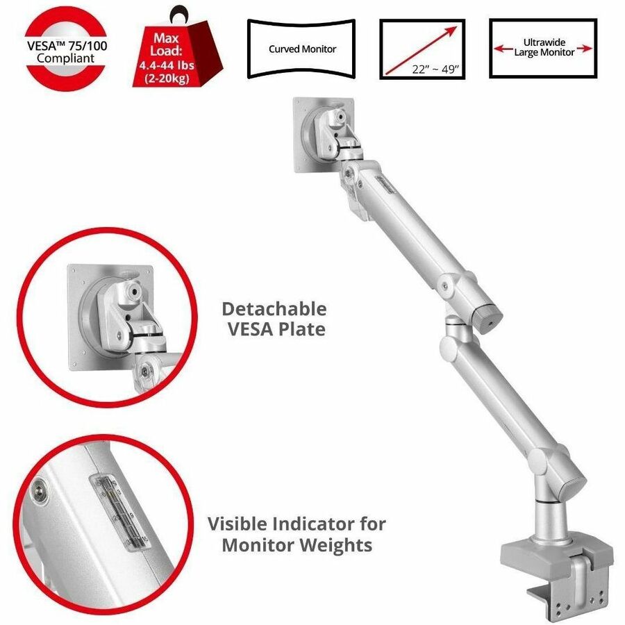 SIIG MTPRO Heavy Duty Desk Mount Single Monitor Arm - Up to 49"- Max load up to 44 lbs - CE-MT3V11-S1