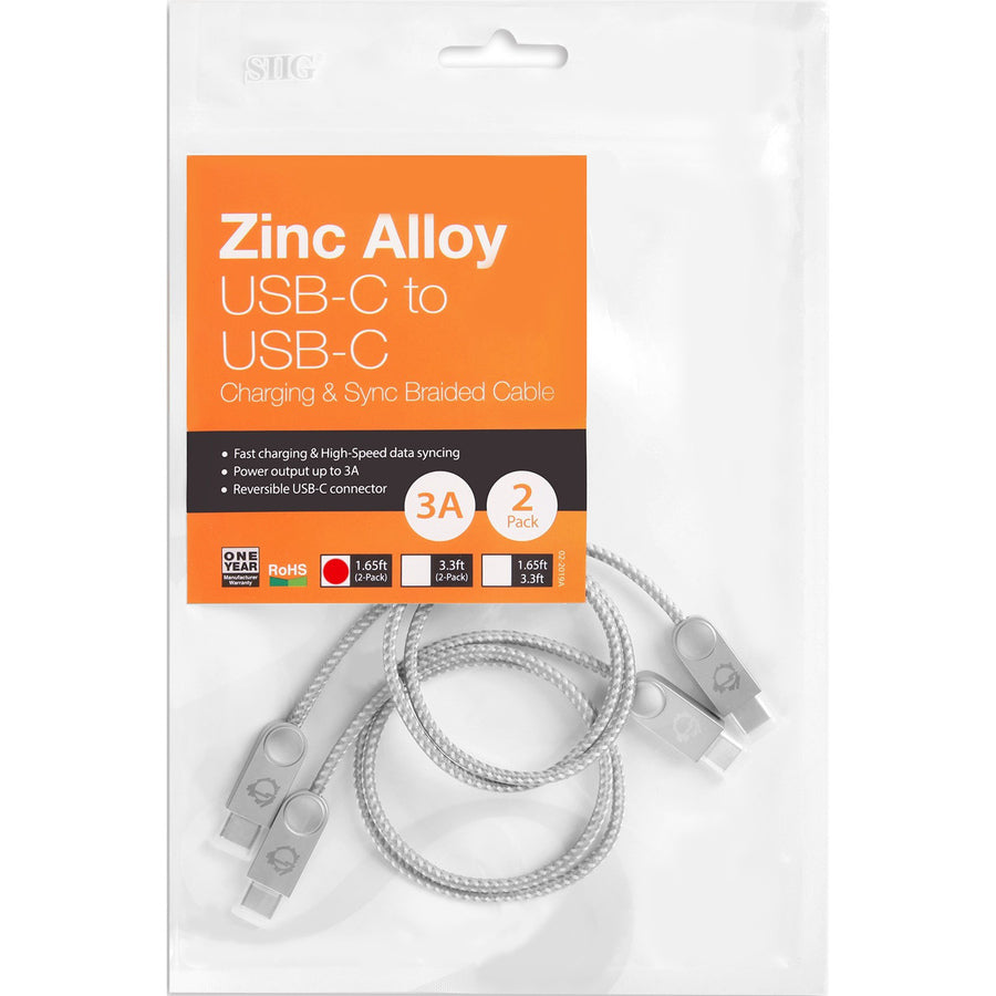 SIIG Zinc Alloy USB-C to USB-C Charging & Sync Braided Cable - 1.65ft, 2-Pack CB-US0P11-S1