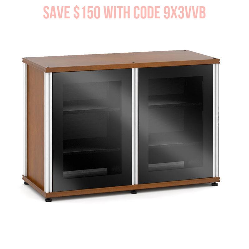 Salamander Synergy 323 Single Box AV Cabinet – American Cherry, Black Glass, Aluminum Posts