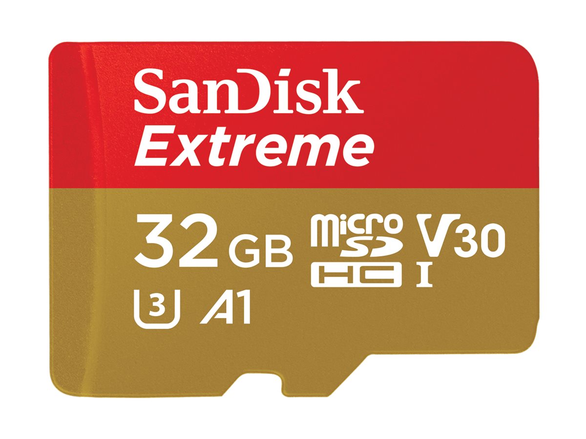 SanDisk Extreme - Flash memory card (microSDHC to SD adapter included) - 32 GB - A1 / Video Class V30 / UHS-I U3 / Class10 - SDSQXAF-032G-GN6MA