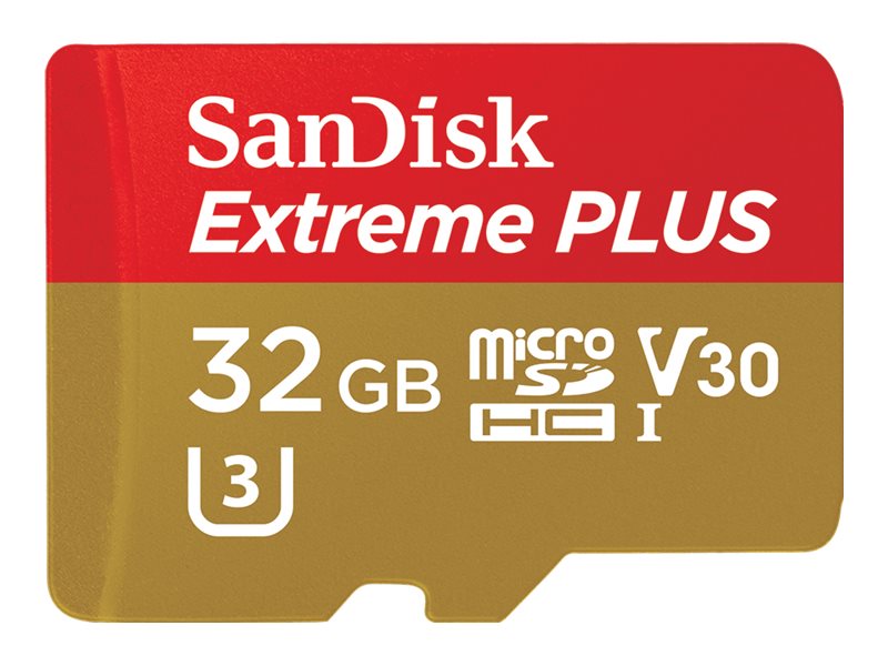 SanDisk Extreme PLUS - Flash memory card (microSDHC to SD adapter included) - 32 GB - Video Class V30 / UHS-I U3 - microSDHC SDSQXWG-032G-ANCMA
