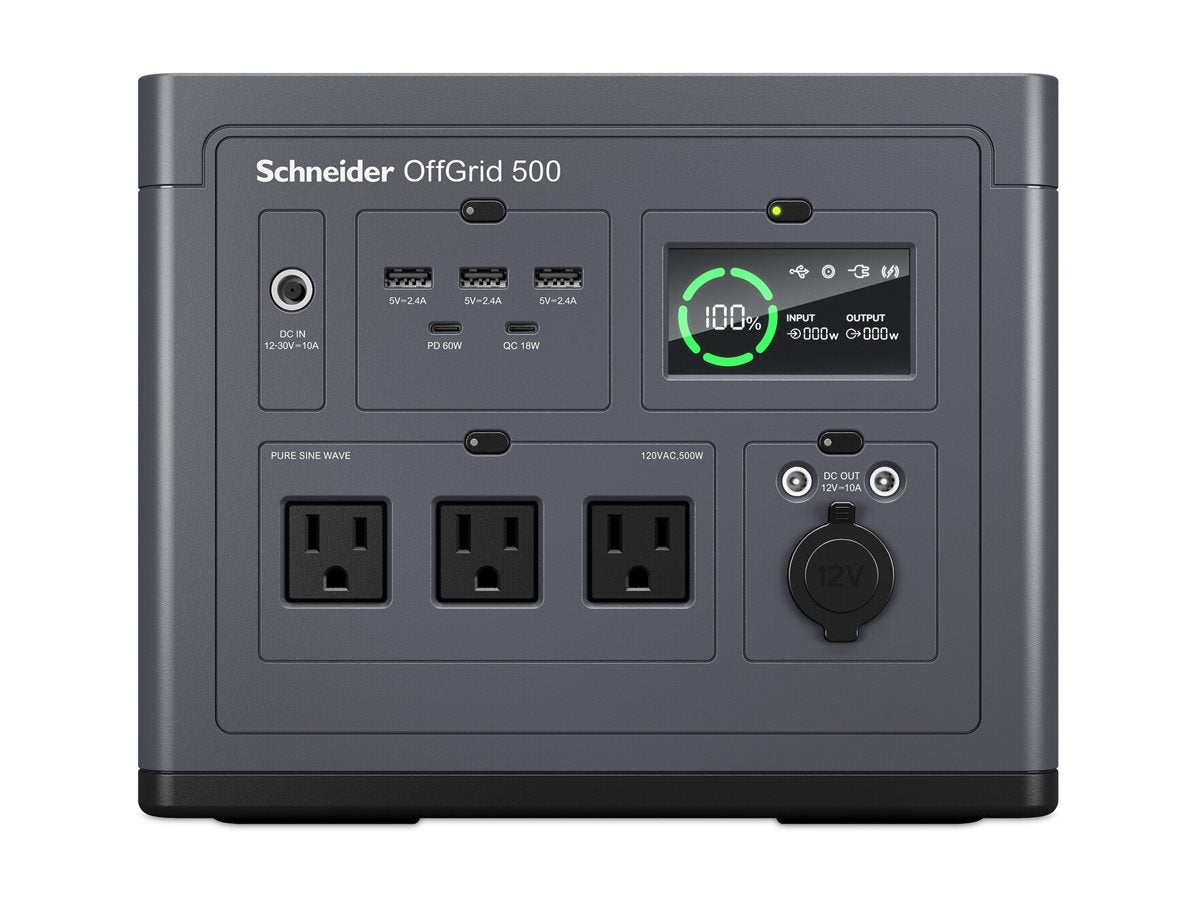 Schneider OffGrid 500 - Portable power station - LCD, NEMA, sinewave, 3 USB-A, 2 USB-C, wireless charger - AC 120 / DC