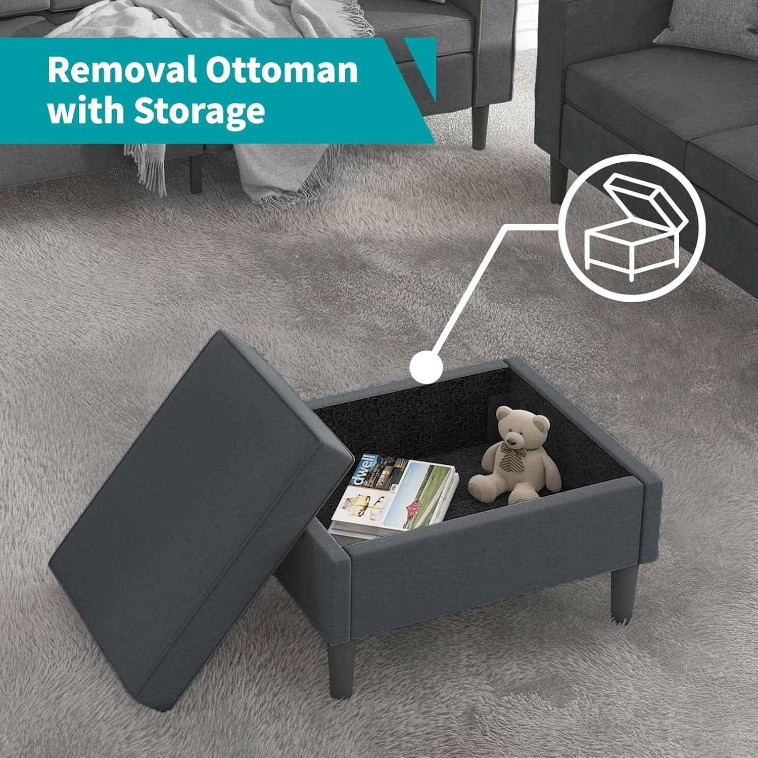Sectional Sofa With Movable Storage Ottoman Dark Grey