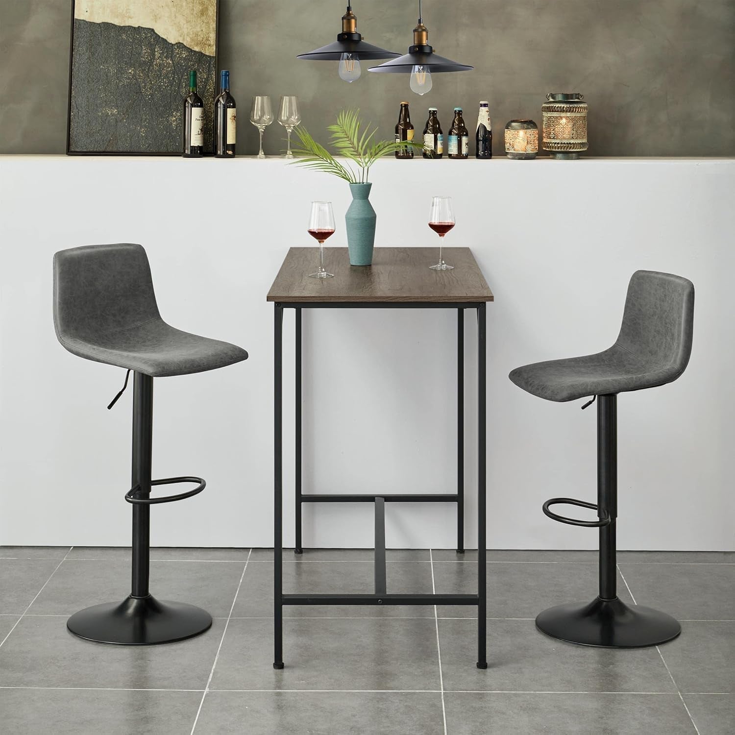 Set Of 2 Gray Adjustable Bar Stools With Back And Footrest