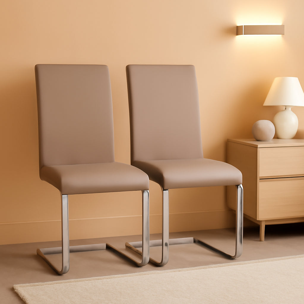Set Of 2 Light Brown High Back Modern Dining Chairs