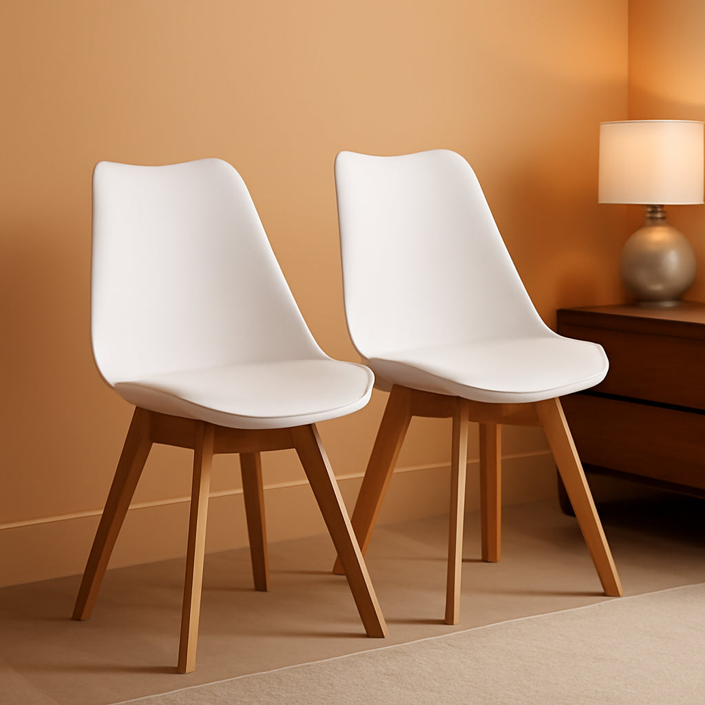 Set Of 2 Modern Shell Lounge Dining Chairs With White Shell And Wood Legs