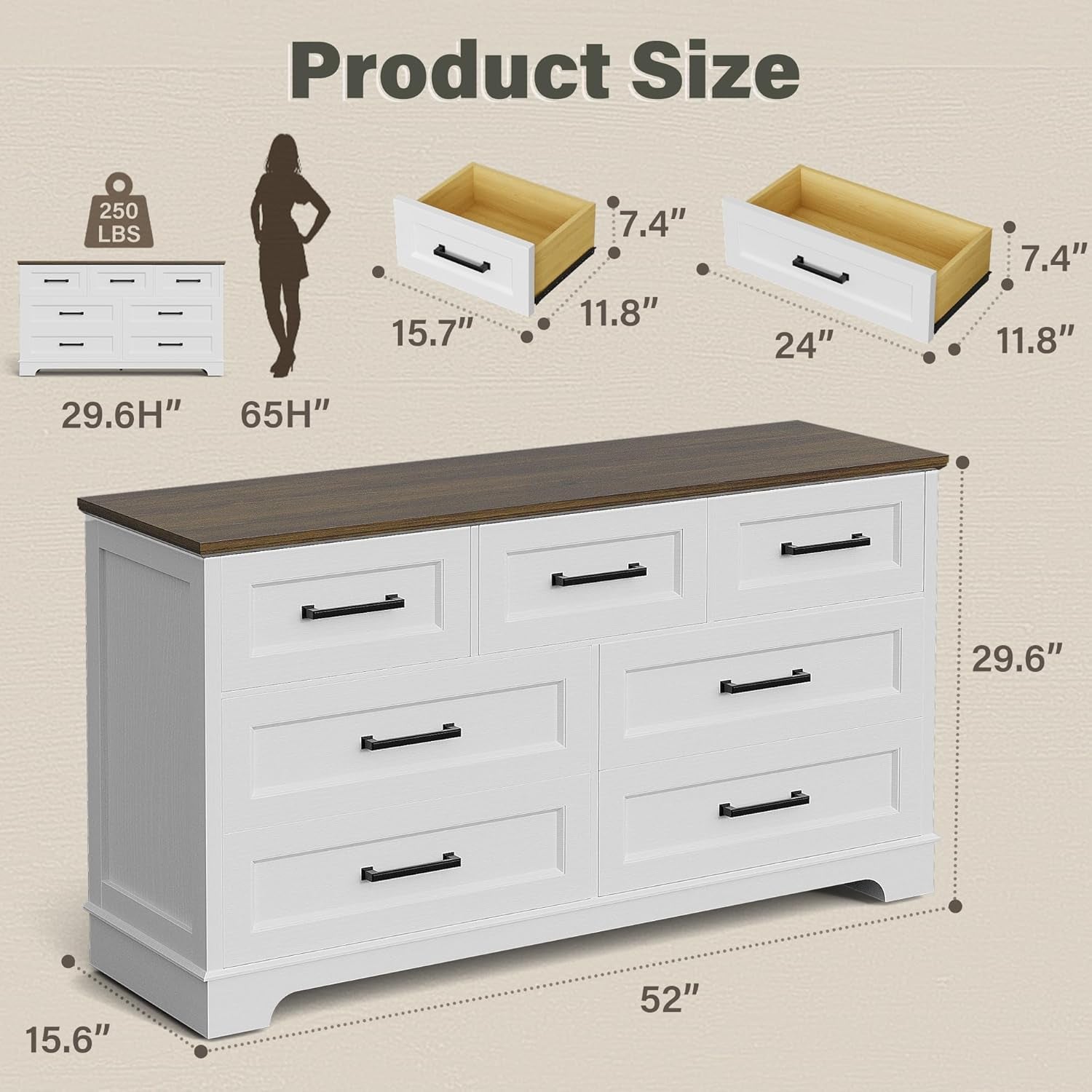 Seven Drawer Dresser White Brown Modern Farmhouse Style