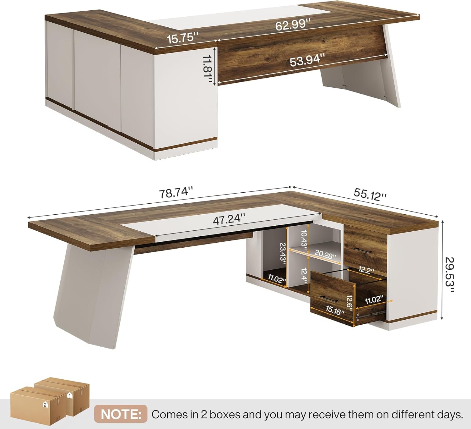 Seventy Eight Inch L Shaped Desk Integrated Storage Brown White