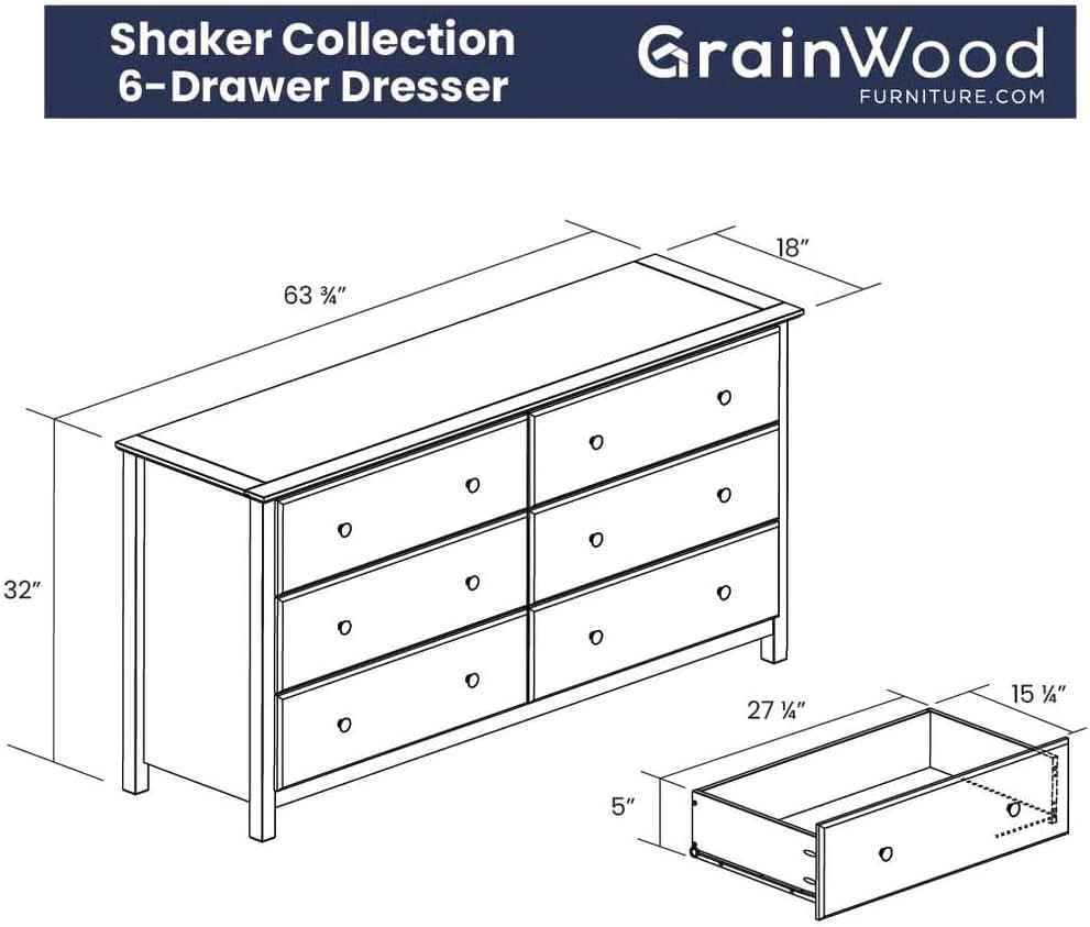 Shaker Style 6 Drawer Dresser Cherry Finish Solid Wood