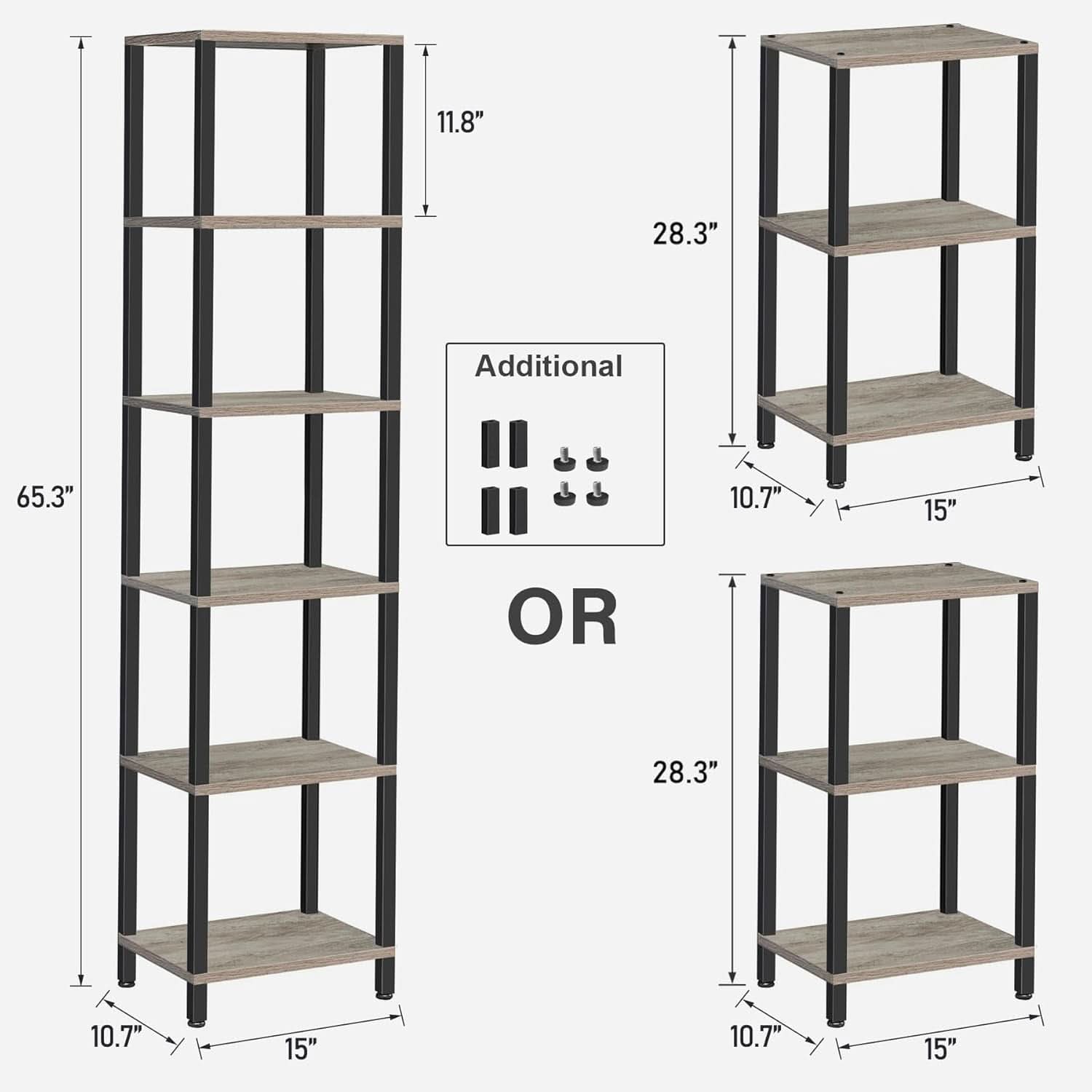 Six Tier Tall Narrow Bookshelf Greige Black For Living Room Office