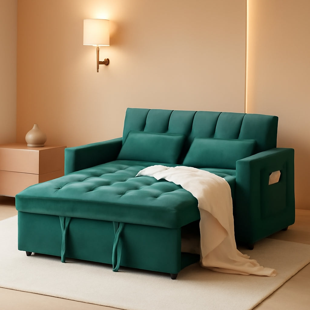Sleeper Sofa Bed,55'' Convertible Pull Out Couch with Side Pockets,Velvet Fabric Loveseat Sleeper Sofa with Adjustable Backrest for Living Room,Bedroom,Apartment and Small Space, Green