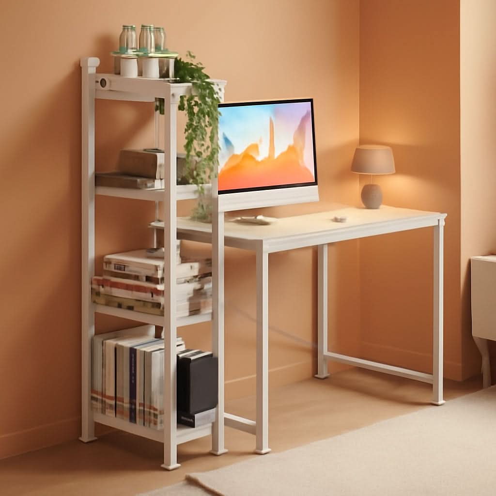 Small 4 Tier Desk With Bookshelf In Natural White Finish