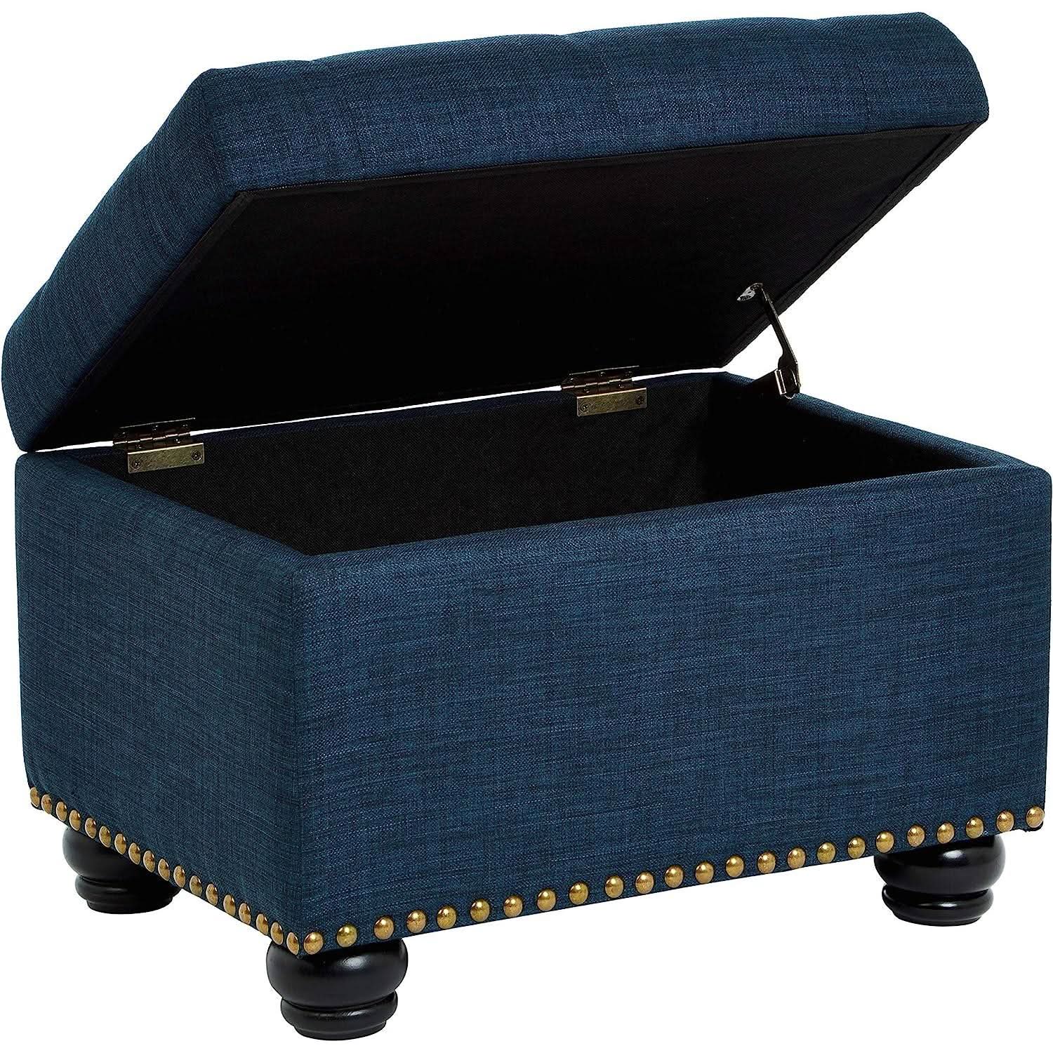 Small Blue Linen Storage Ottoman With Hinged Lid For Living Room