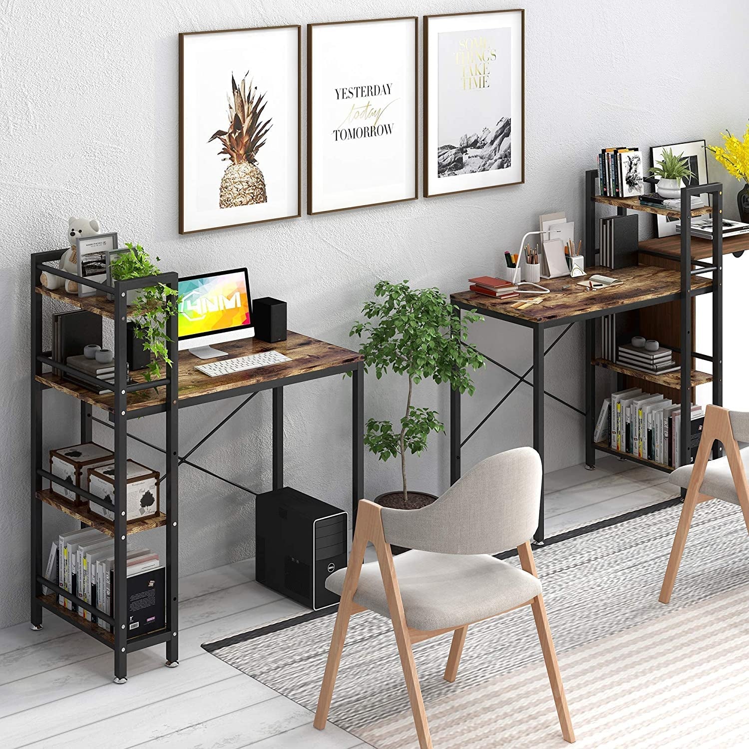Small Rustic Desk With 4 Tier Bookshelf For Home Office