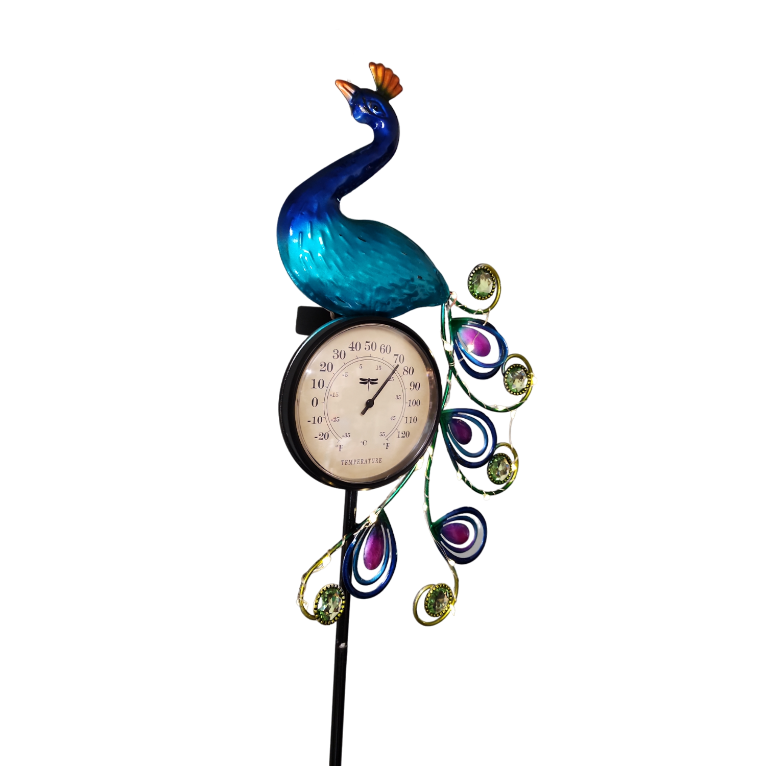 Solar Lighted Metal Peacock Yard Stake with Thermometer