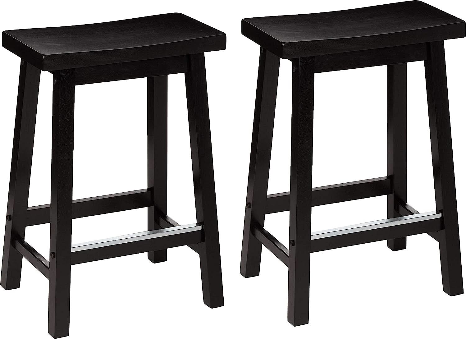 Solid Wood Saddle Bar Stool Counter Height Set 2 Black 24In