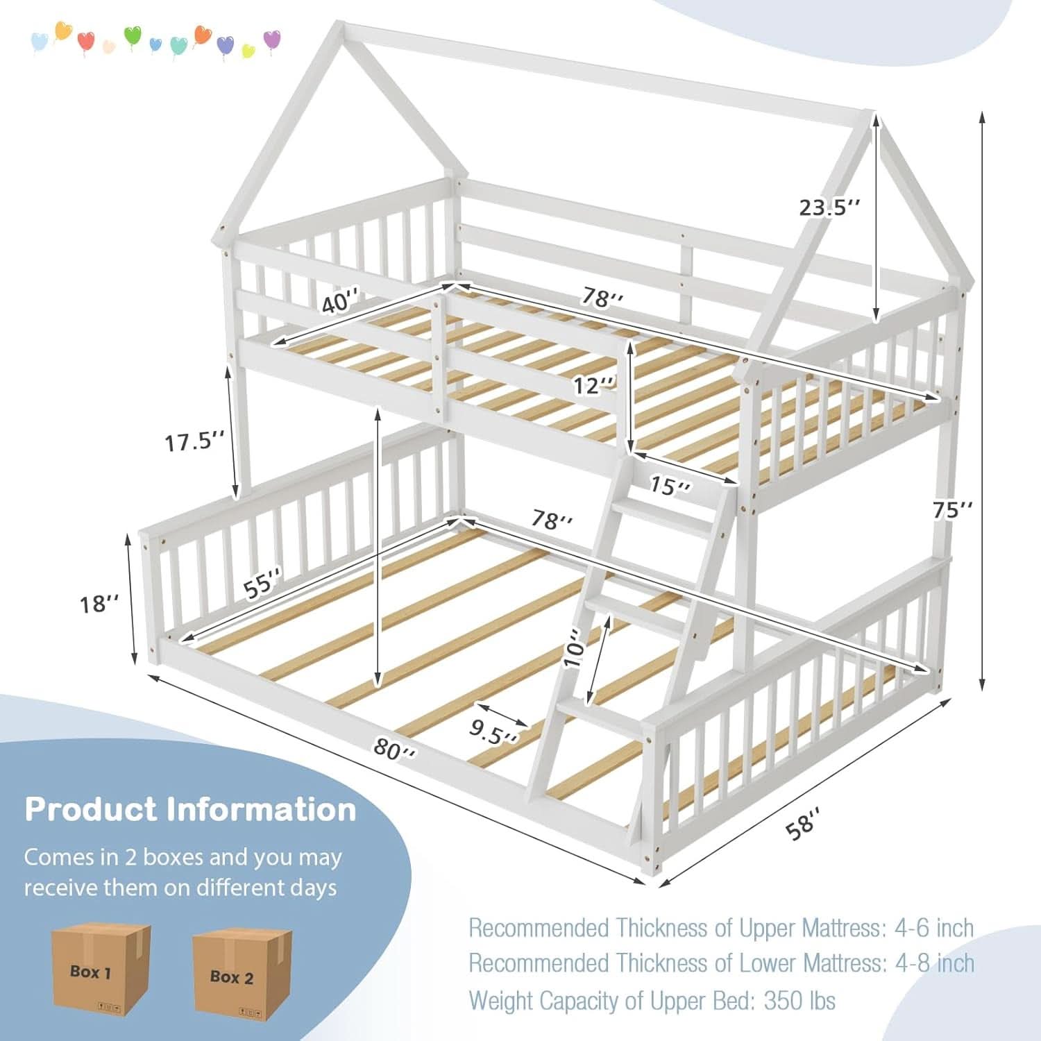 Solid Wood Twin Over Full Bunk Bed White With Guardrails