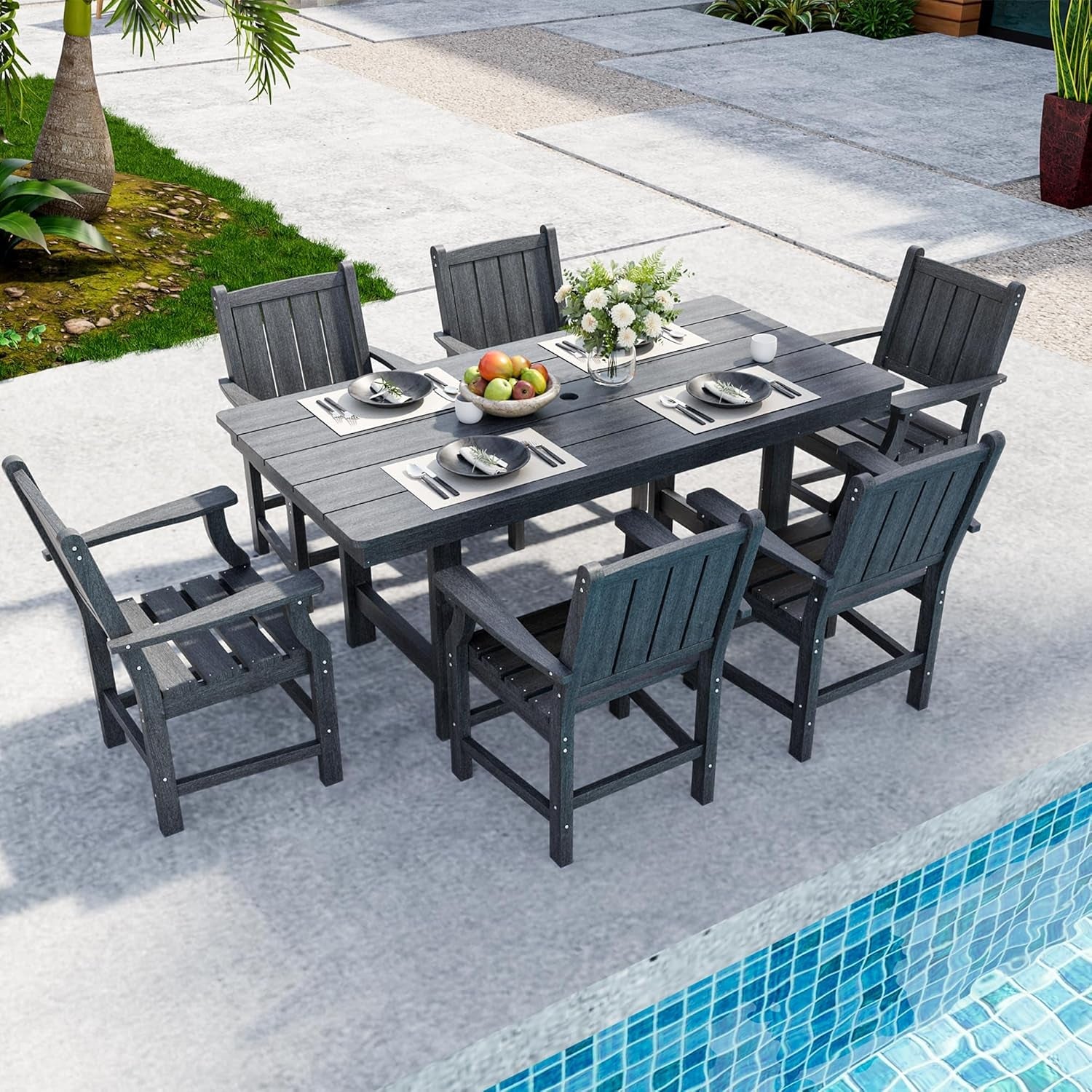 Spacious Wood Grain Outdoor Dining Set with Umbrella Hole