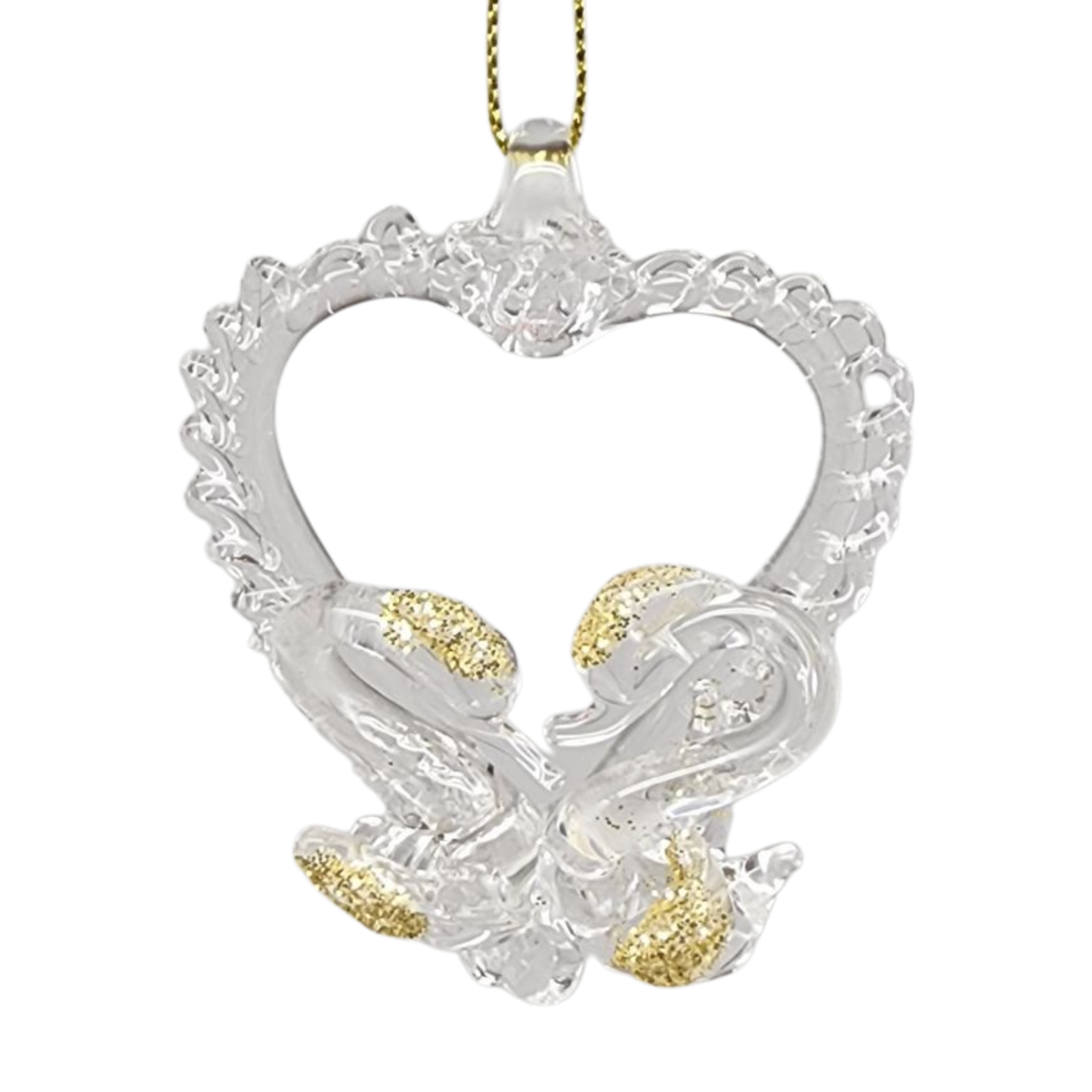 Spunglass Ornament - Gold Heart With Swans