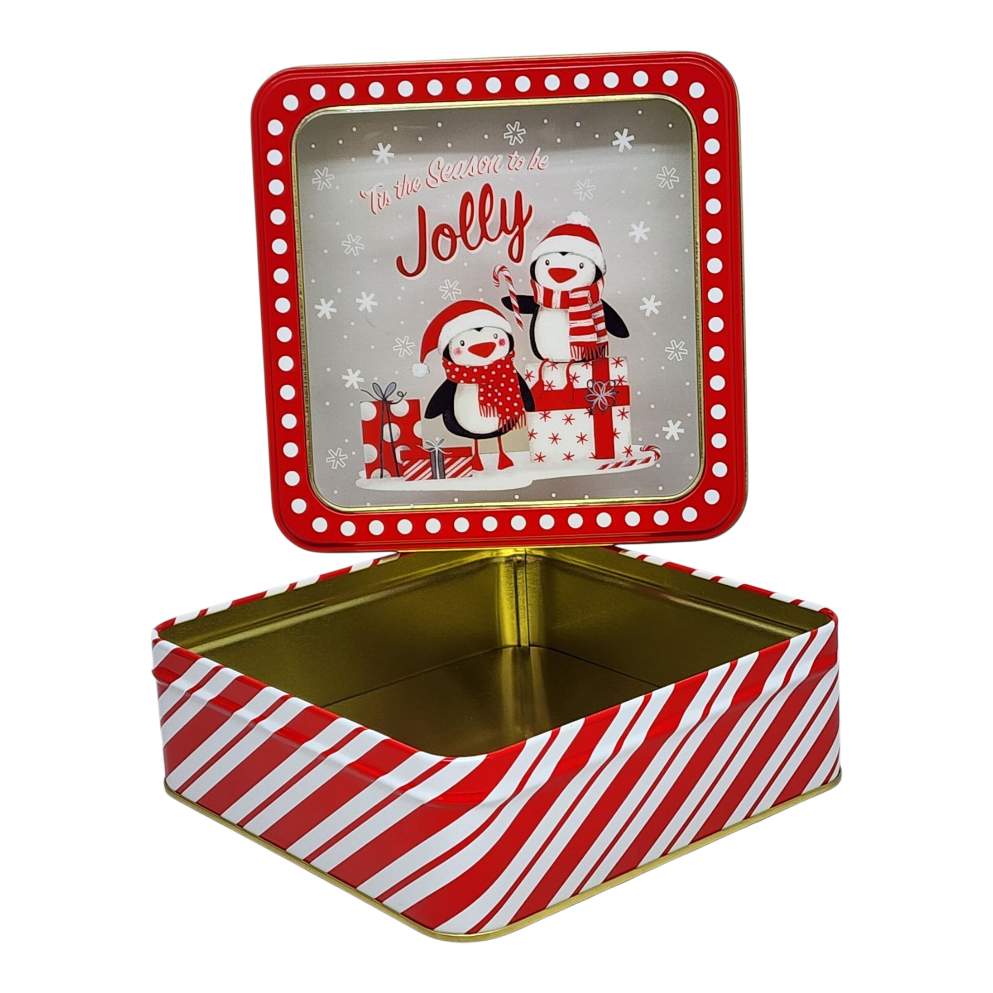 Square Cookie Tin with Window - Tis the Season to be Jolly Penguins