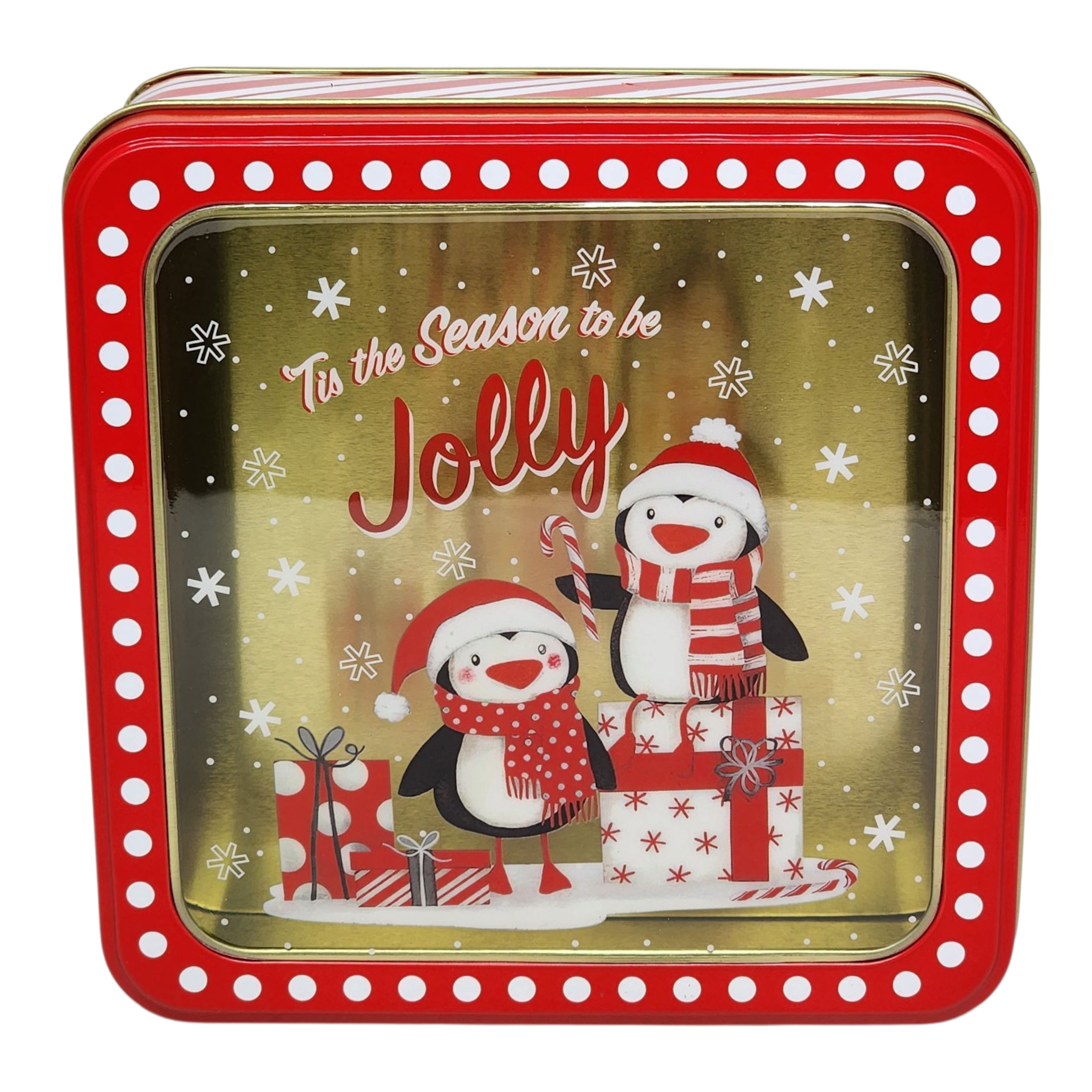Square Cookie Tin with Window - Tis the Season to be Jolly Penguins