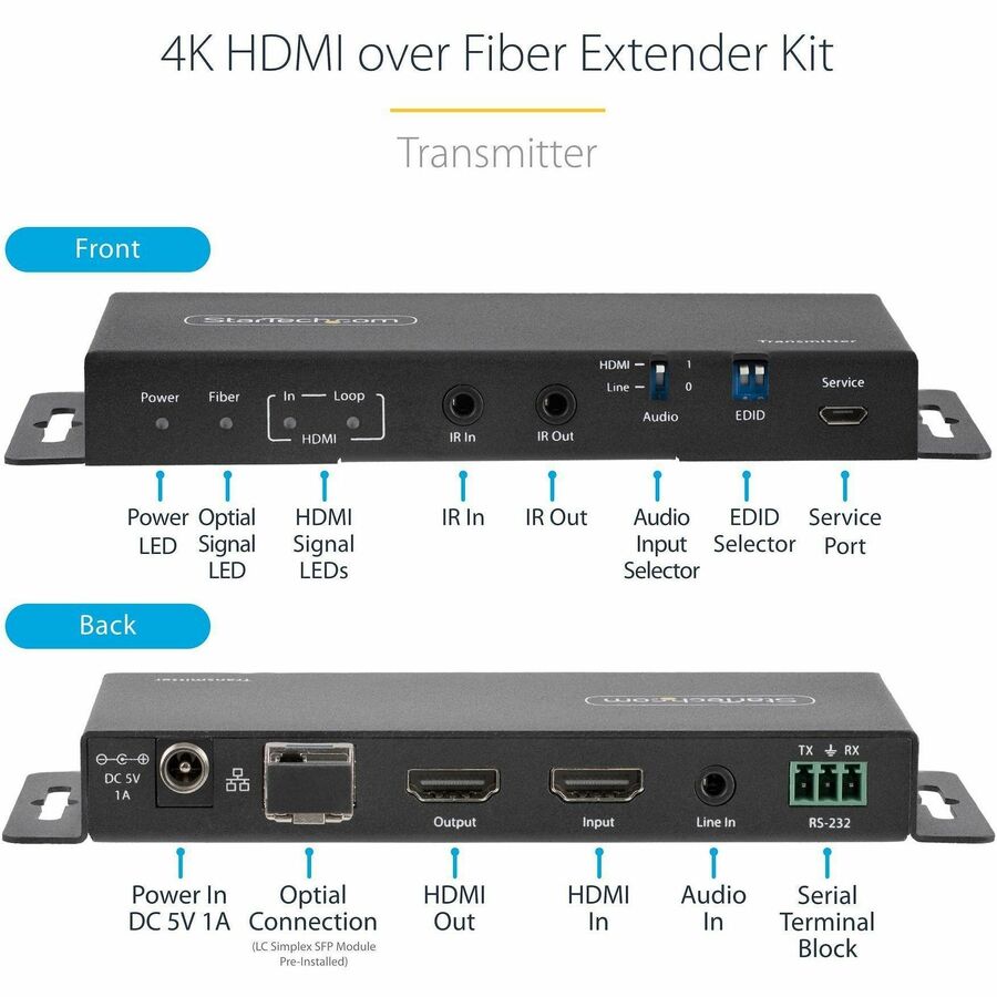 StarTech.com 4K HDMI over Fiber Extender Kit, 4K 60Hz, 3300ft (1km) Single Mode/1000ft
