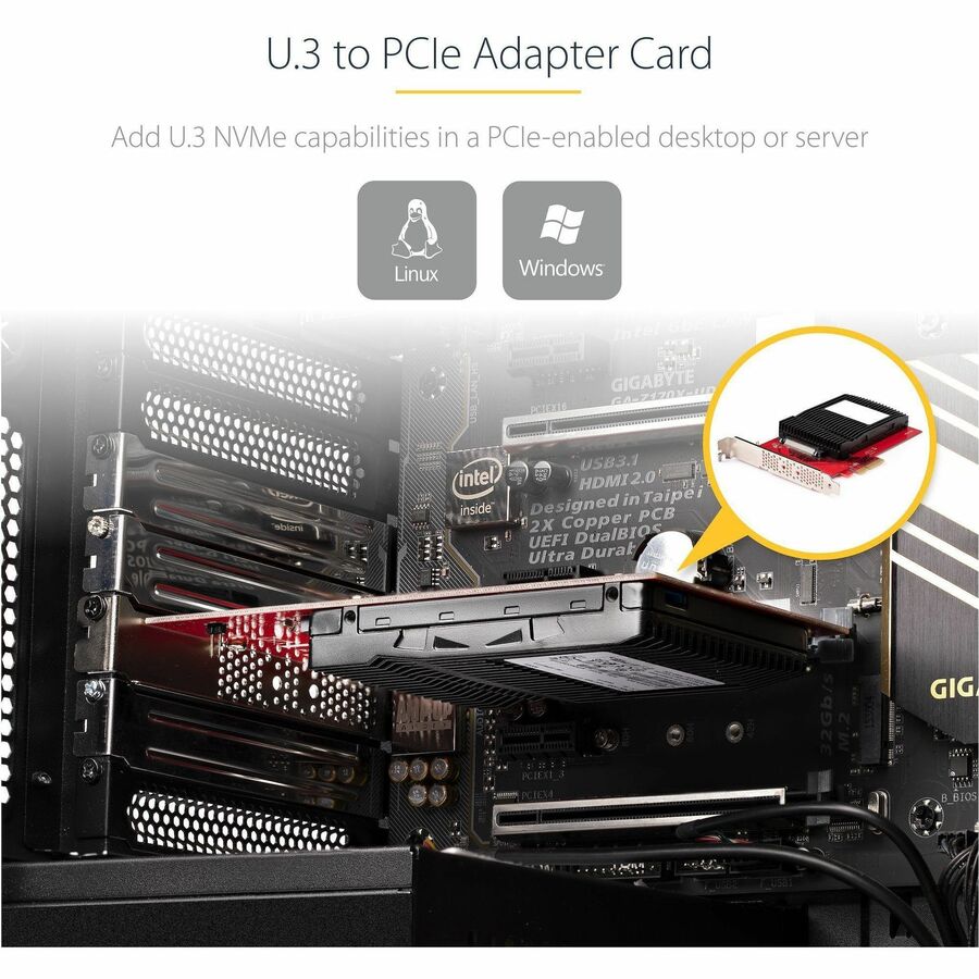 StarTech.com U.3 to PCIe Adapter Card, PCIe 4.0 x4 Adapter For 2.5" U.3 NVMe SSDs,