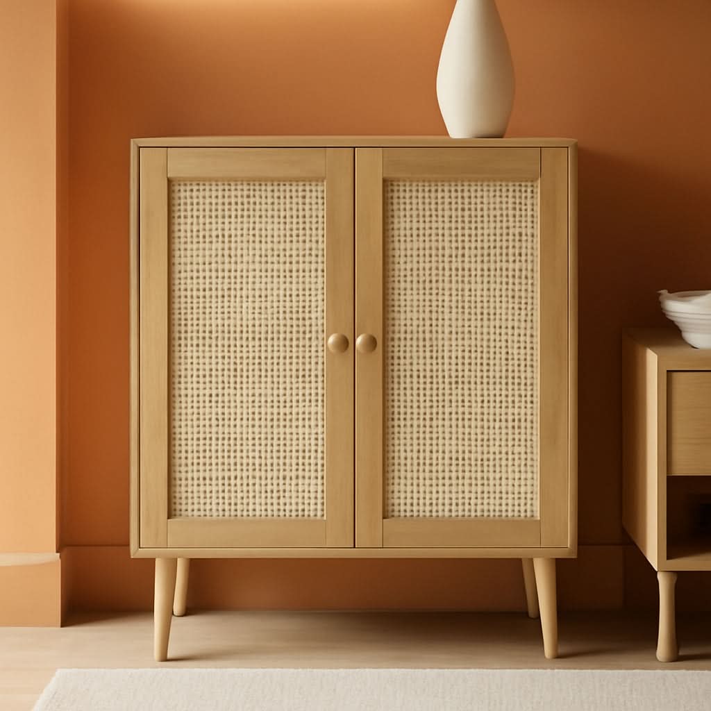 Storage Buffet Cabinet With Rattan Doors And Natural Finish