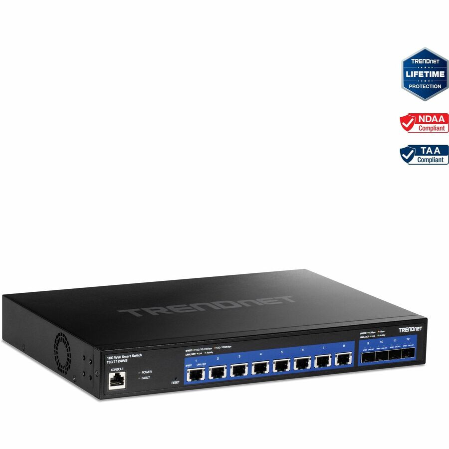 TRENDnet 12-Port 10G Web Smart Switch, 8 x 10G RJ-45 Ports, 4 x SFP+ Slots, VLAN, QoS, LACP, and IPv6 Support, Web Smart Management, Rack Mountable Housing, Lifetime Protection, Black, TEG-7124WS