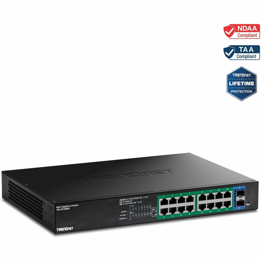 TRENDnet 18-Port Gigabit EdgeSmart PoE+ Switch, TPE TG182ES, 240W PoE Power Budget, 16 x TPE-TG182ES