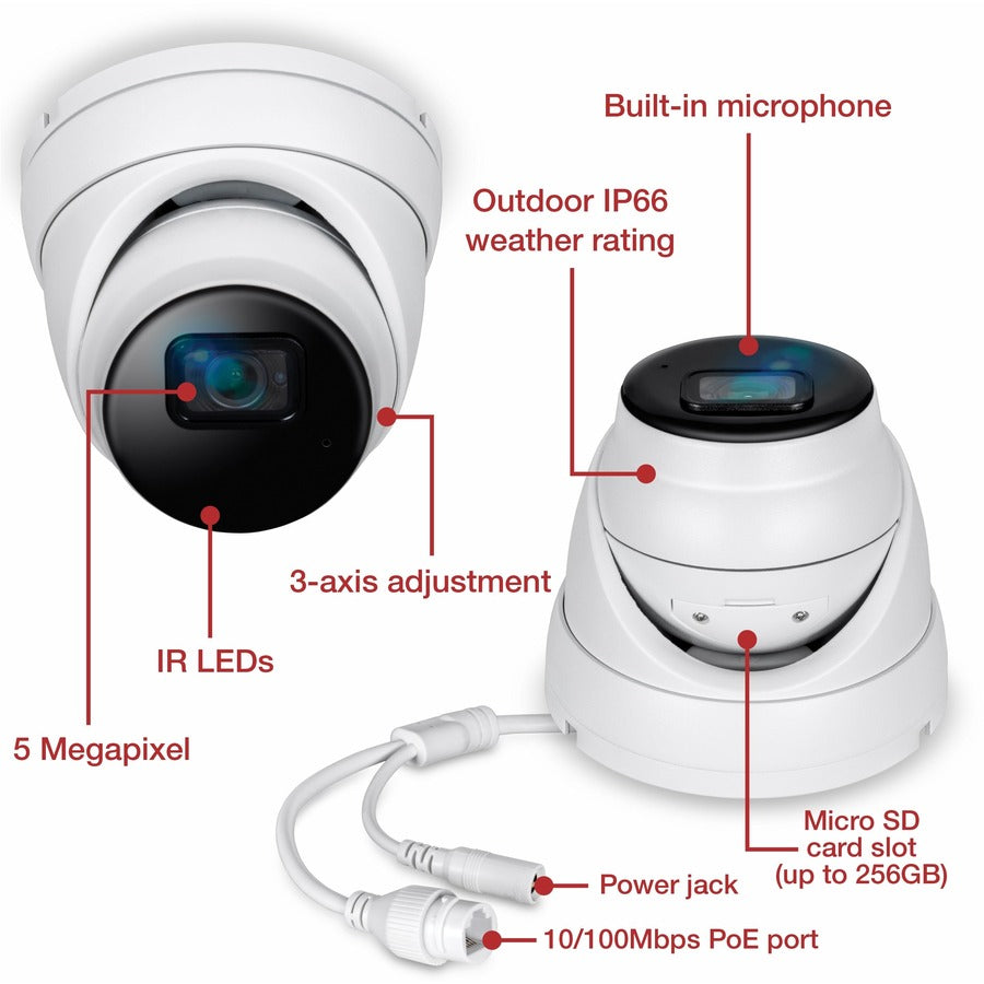 TRENDnet Indoor Outdoor 5MP H.265 PoE IR Fixed Turret Network Camera, IP66 Rated Housing,