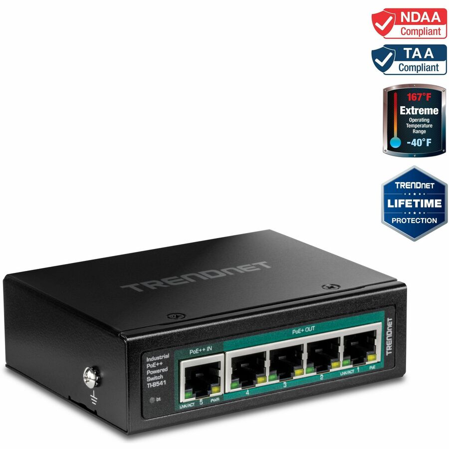 TRENDnet TI-B541, 5-Port Industrial Gigabit PoE++ Powered DIN-Rail Switch with PoE