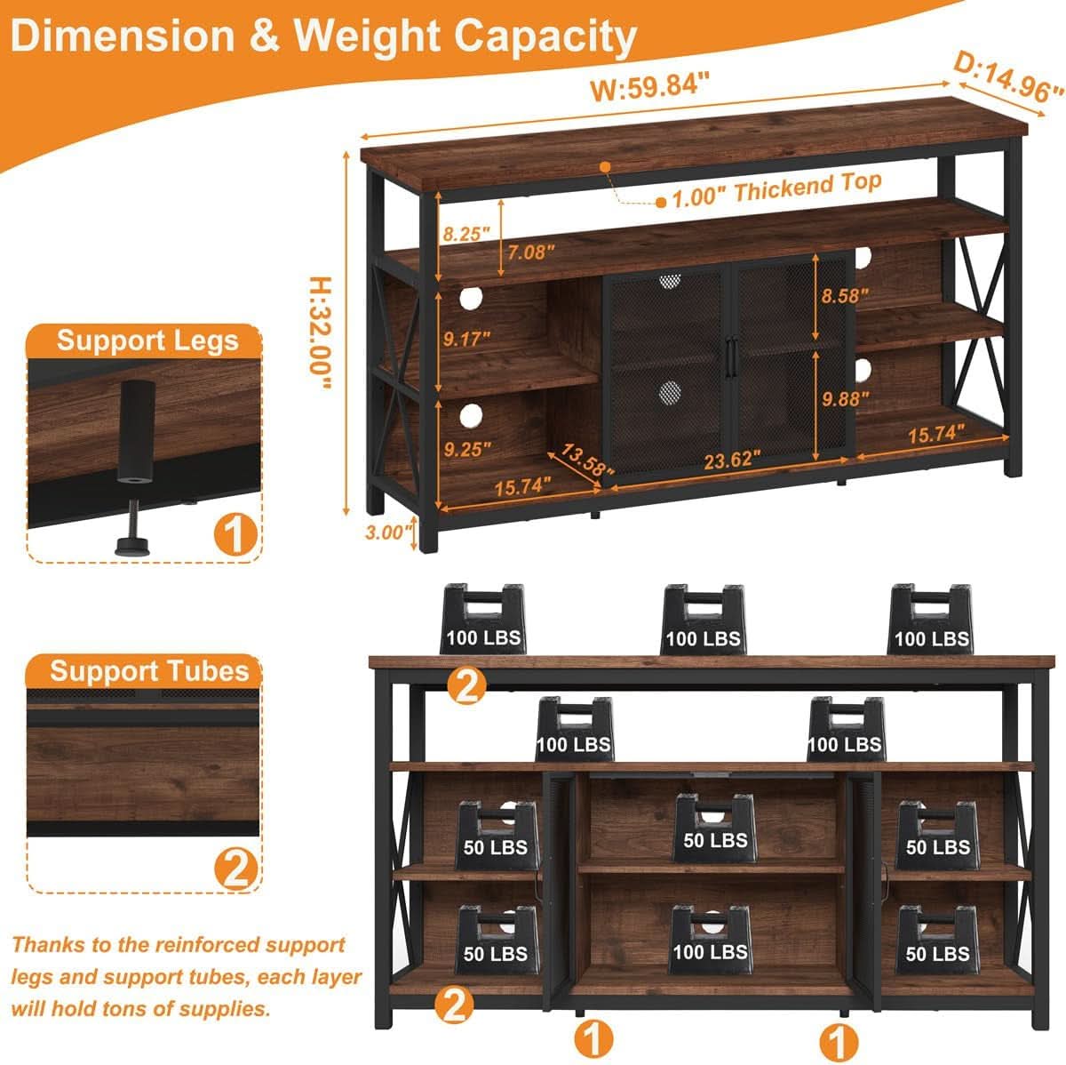 Tall TV Stand for 65 Inch TVs in Rustic Oak Industrial Wood