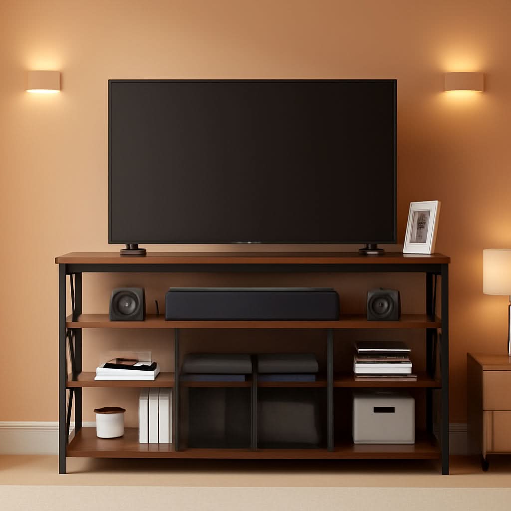 Tall TV Stand for 65 Inch TVs in Rustic Oak Industrial Wood