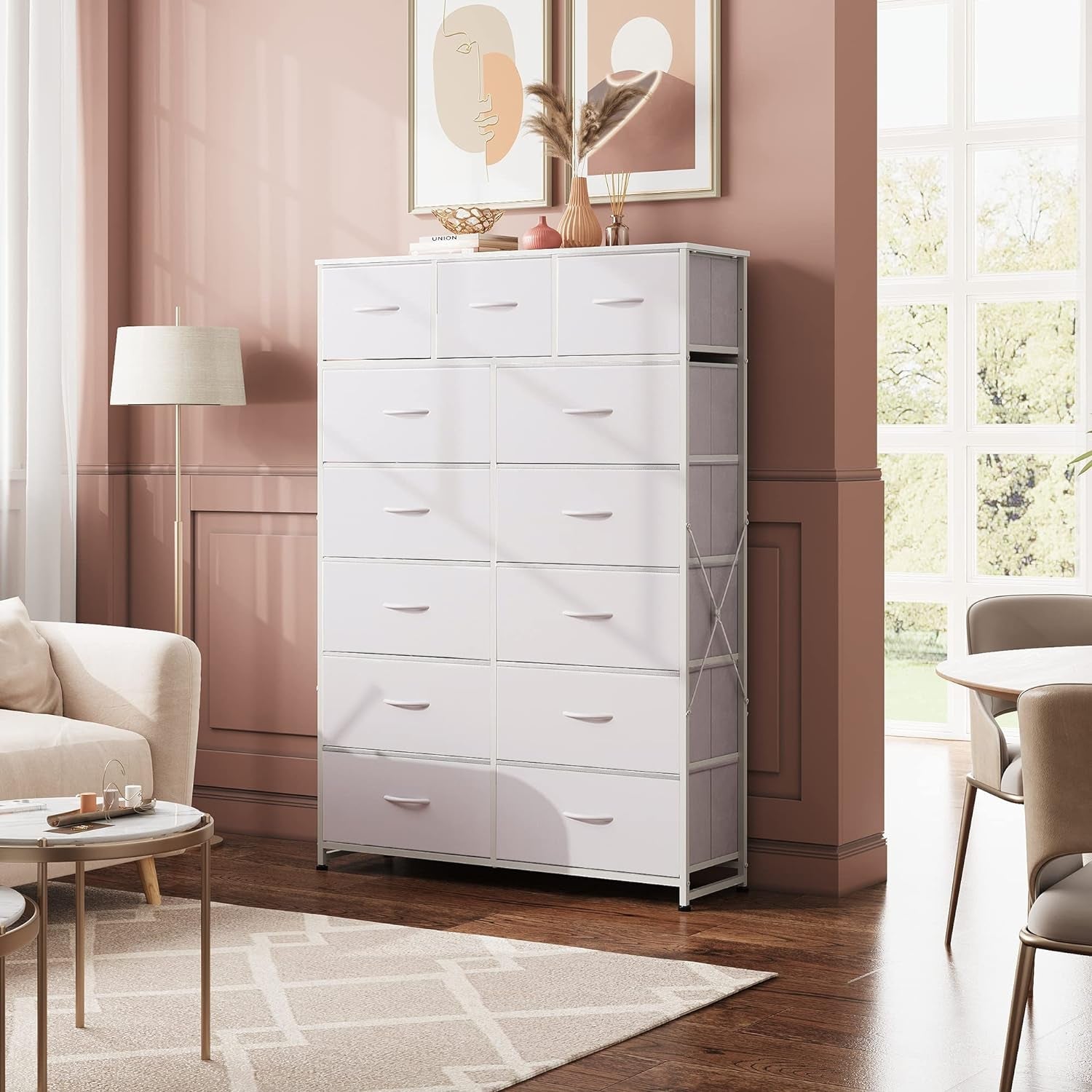 Tall White Dresser With 13 Drawers Wood Top And Steel Frame