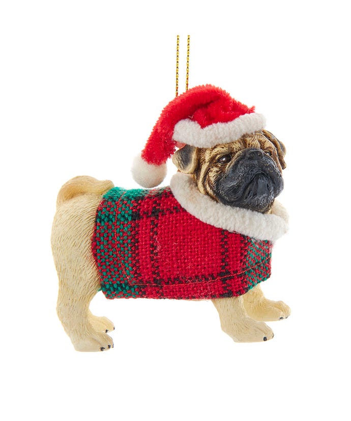 Tan Pug With Plaid Coat and Santa Hat