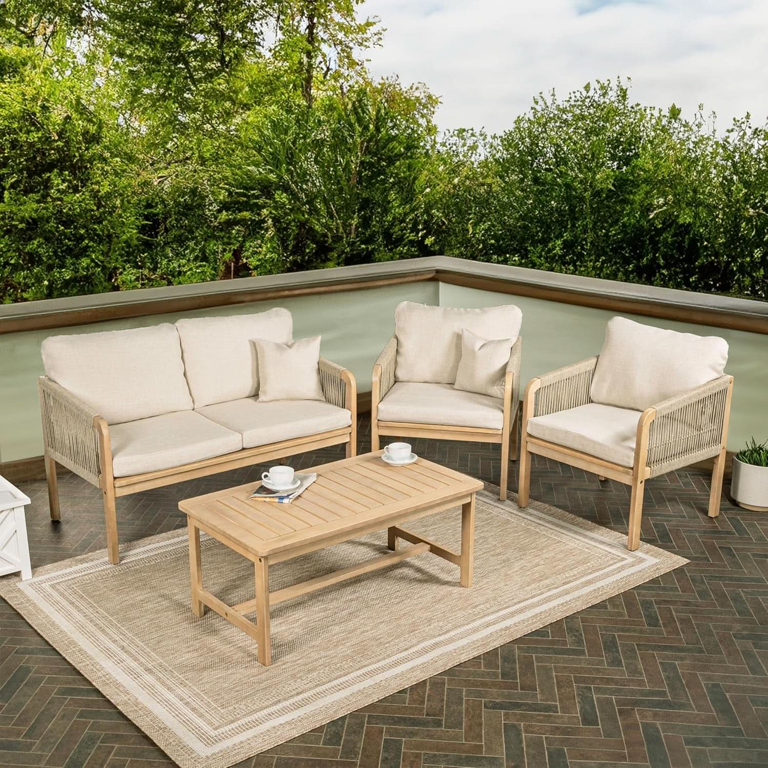 Tavira 4 Piece Patio Set In Acacia Wood Beige Cushions
