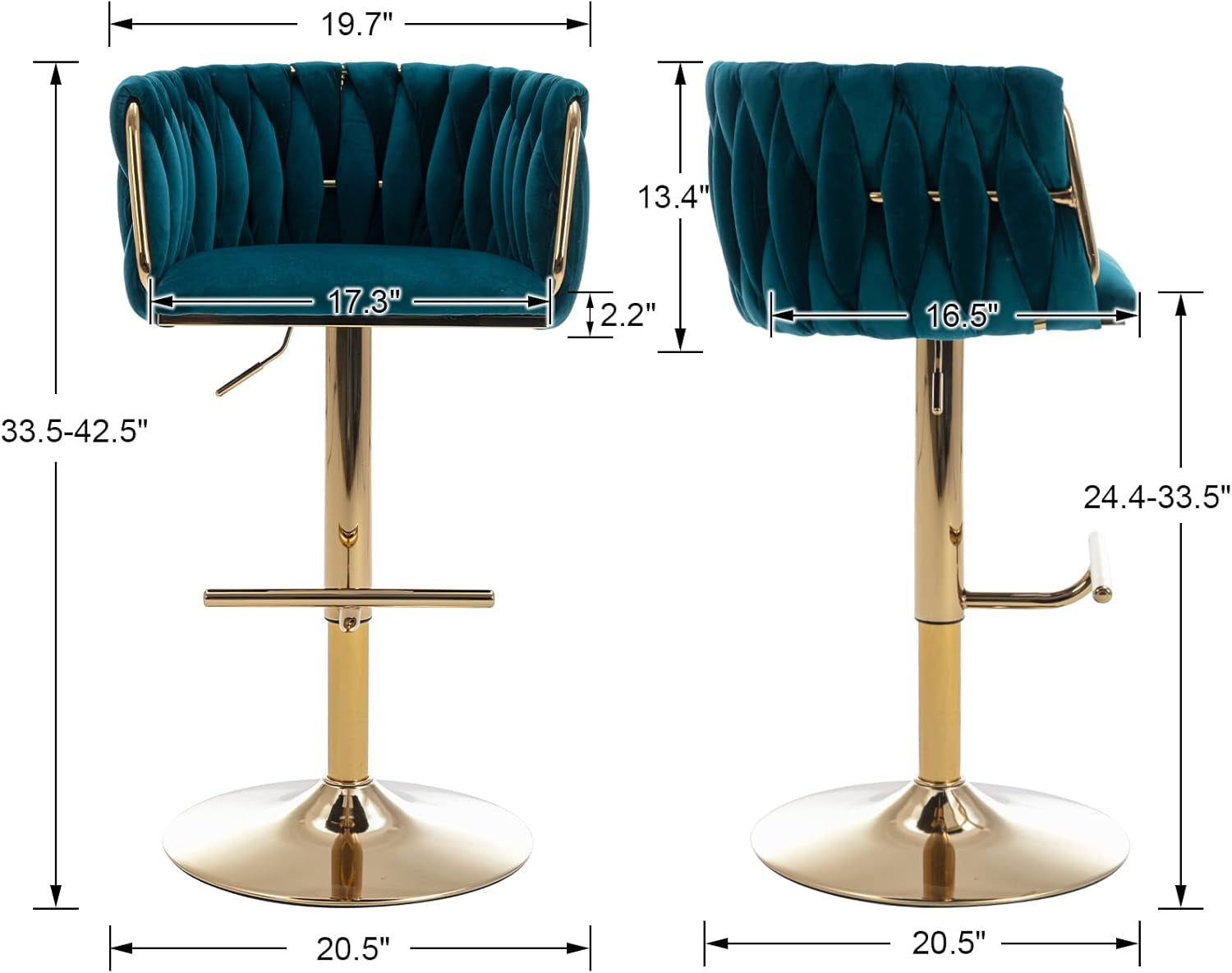 Teal Velvet Adjustable Height Swivel Bar Stools Set Of 2