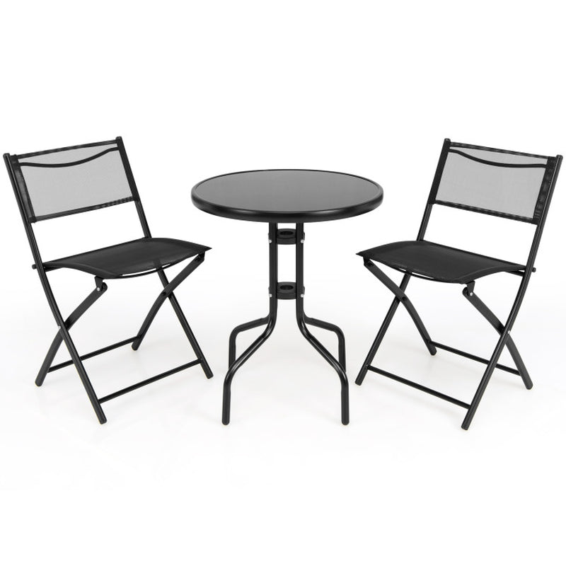 Three Piece Folding Bistro Table And Chairs Set For Indoor And Outdoor With Tempered Glass Tabletop